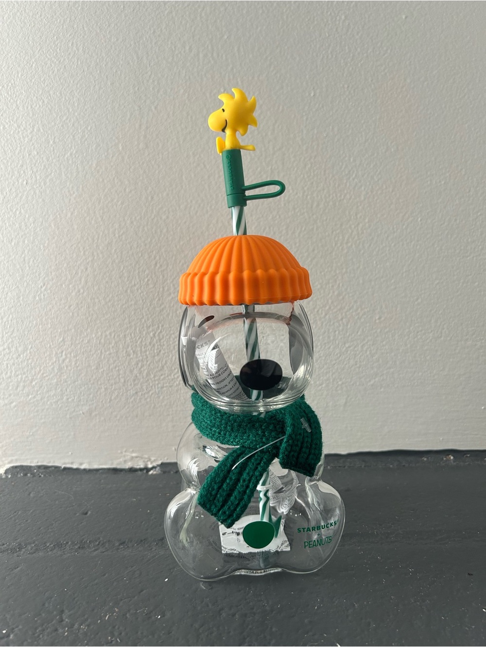 Starbucks Orange & Green Peanuts Snowman Bottle with Woodstock Topper